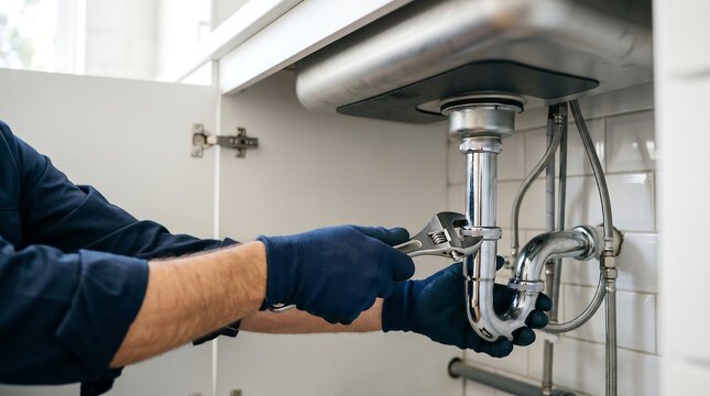 Technician repairing a garbage disposal under a kitchen sink in Colorado Springs